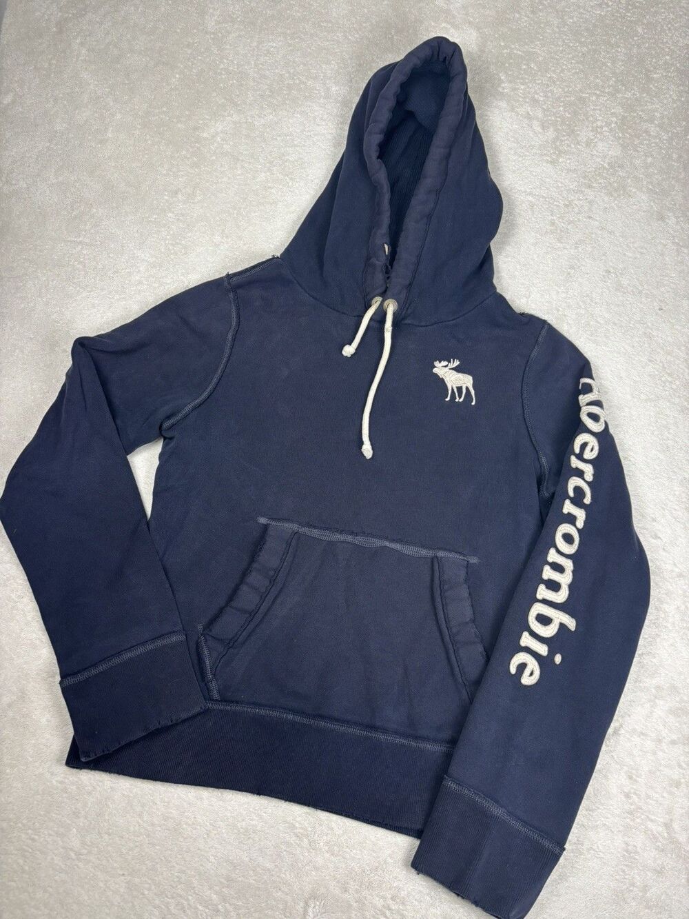 Abercrombie & Fitch Muscle Hoodie Large Navy Blue Moose Logo Sleeve Spellout Y2K